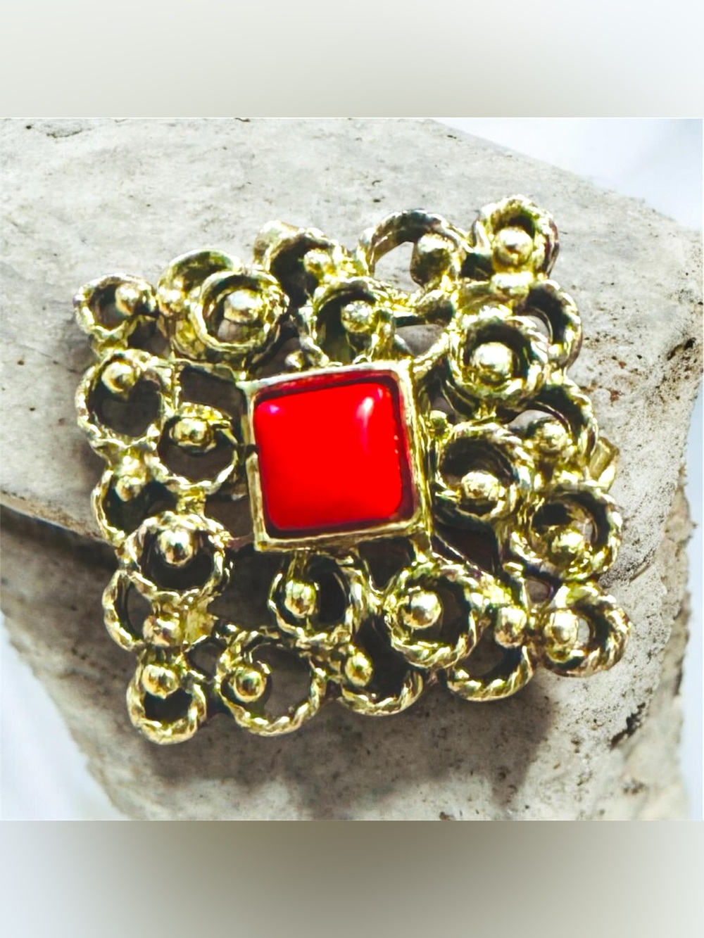 Vintage Gold Tone Statement Brooch Red Cabochon Ornate Pin.